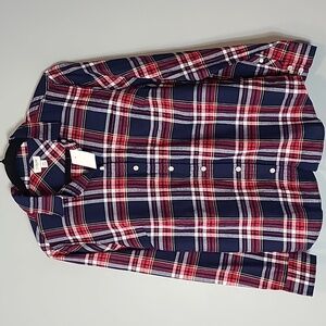 J Crew Plaid Boyfit Flannel Shirt Womens PM Blue Red Tartan Preppy Old Money‎